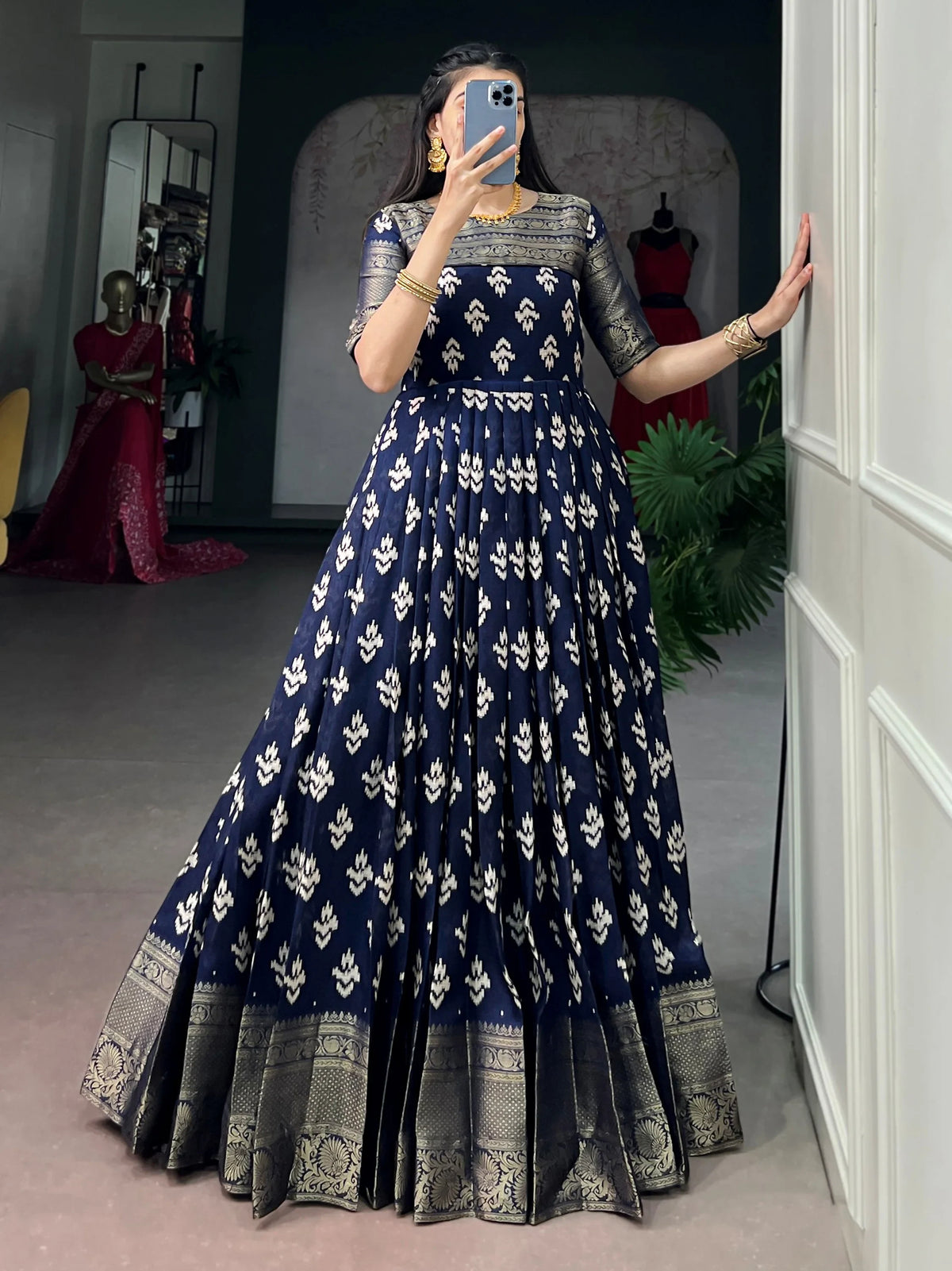 Marvelous Navy Blue Zari Weaving Cotton Festive Wear Gown