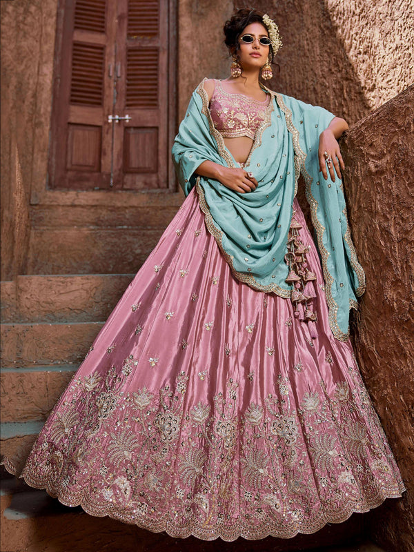 Elegant Pink Embroidered Silk Wedding Wear Lehenga Choli With Dupatta