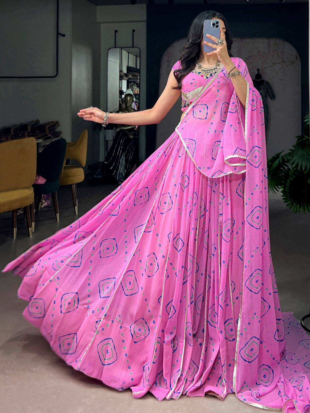 Charming Pink Bandhej Print Georgette Navratri Wear Lehenga Choli