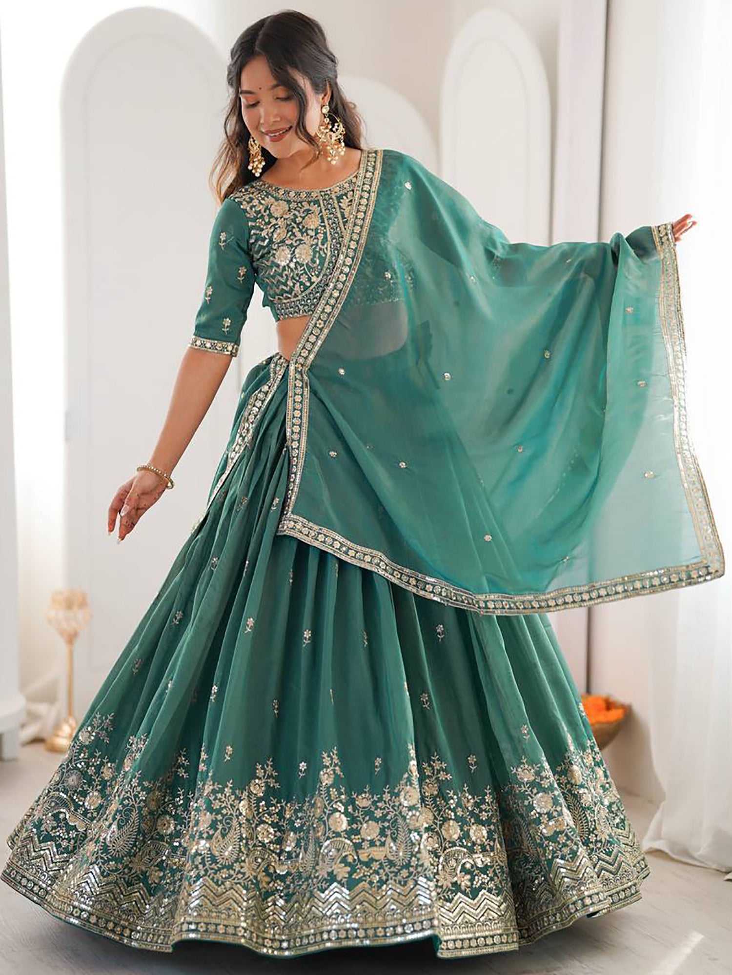 Enchanting Sea Green Sequins Silk Wedding Lehenga Choli With Dupatta