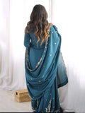 Beautiful Teal Blue Beads Work Silk Festive Wear Palazzo Suit