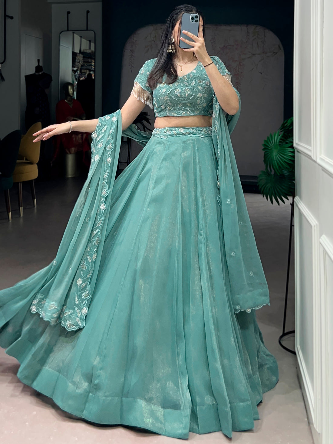Gorgeous Sky-Blue Organza Party Wear Lehenga With Embroidered Choli