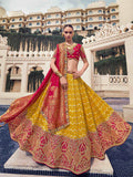 Lovely Mustard Yellow Thread Work Organza Engagement Wear Lehenga Choli