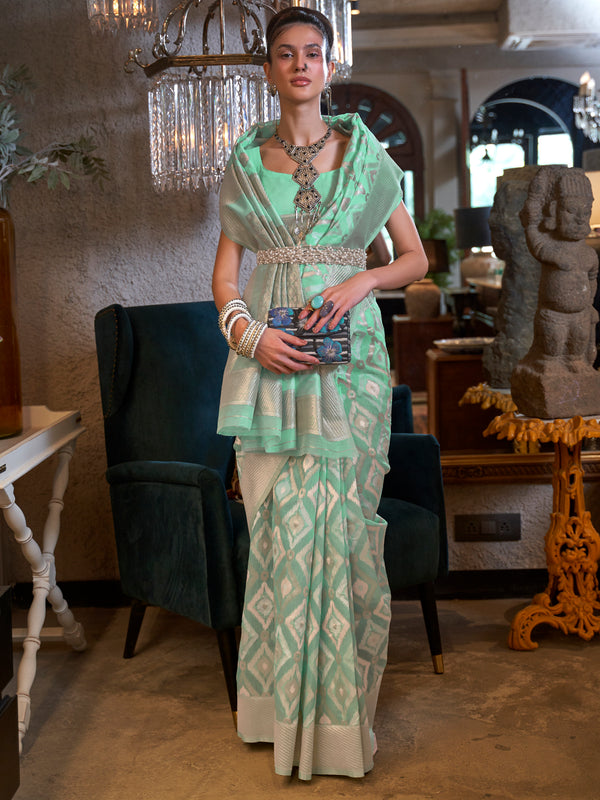 Gorgeous Light Green Zari Weaving Linen Festival Wear Saree