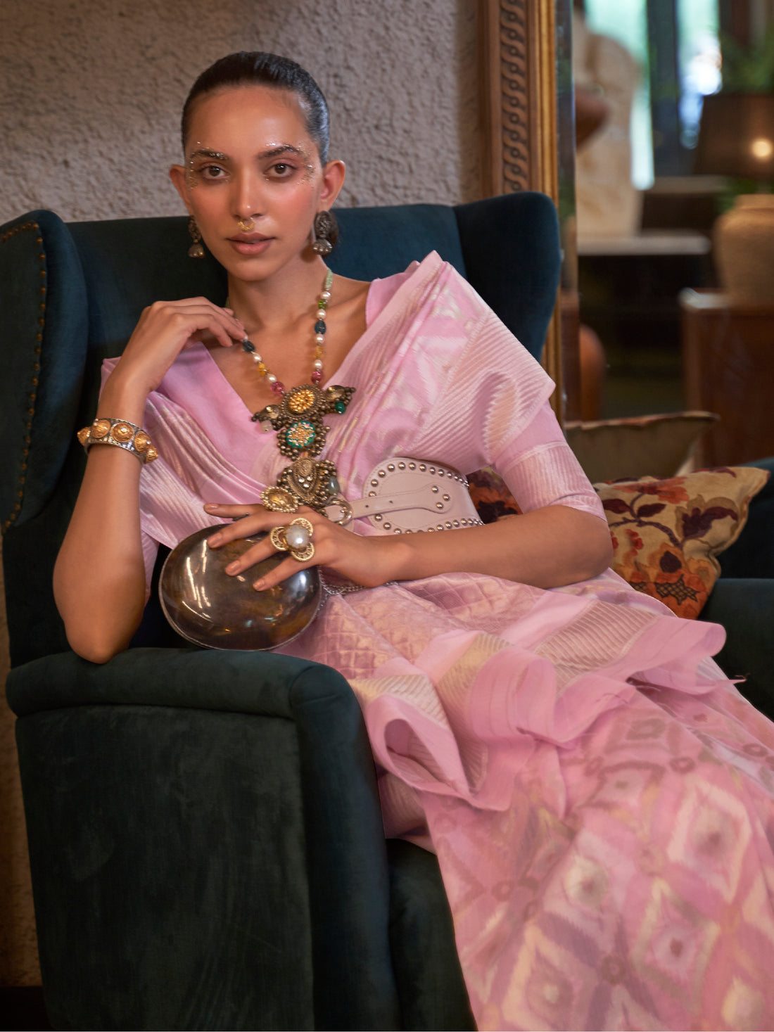 Enchanting Baby Pink Zari Weaving Linen Event Wear Saree With Blouse