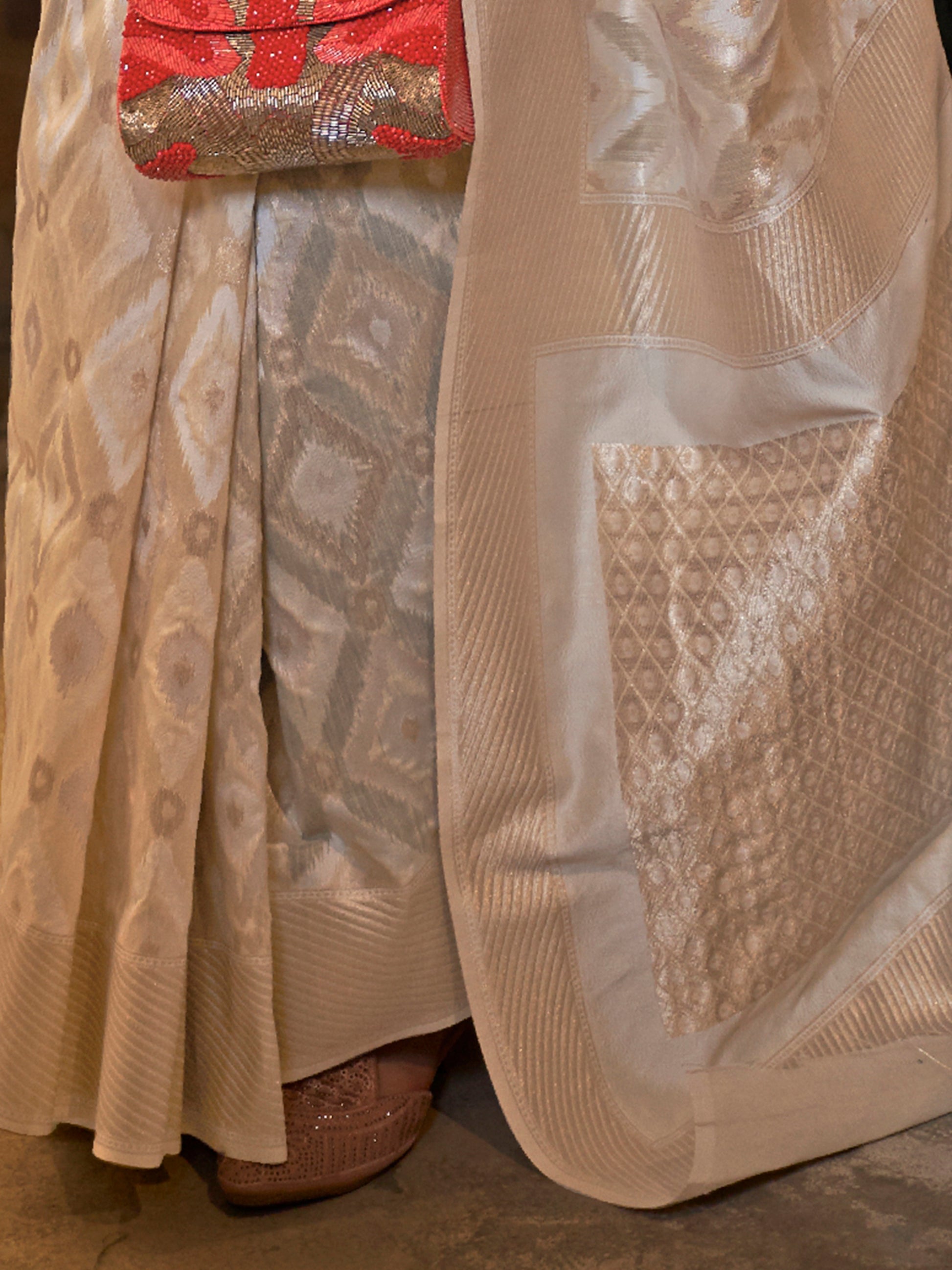 Lovable Cream Zari Weaving Linen Traditional Saree With Blouse