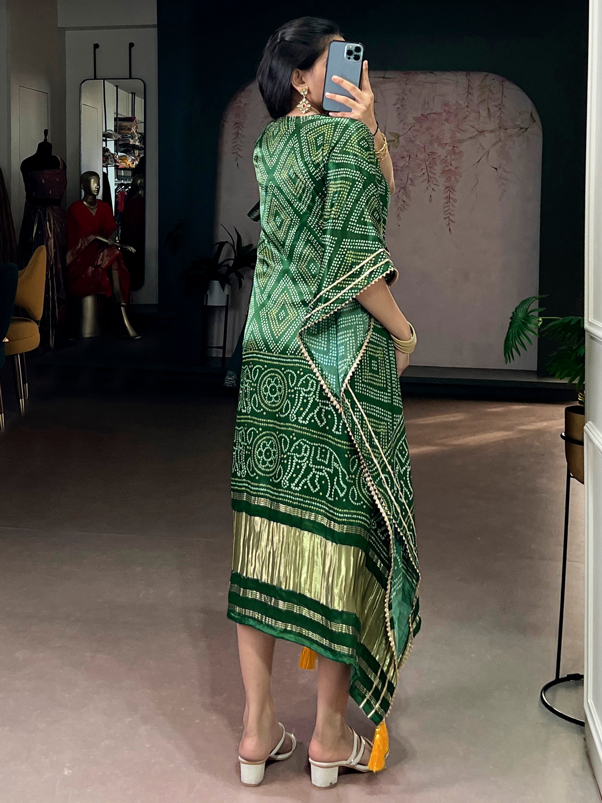 Marvelous Green Digital Printed Gaji Silk Festival Wear Kaftan