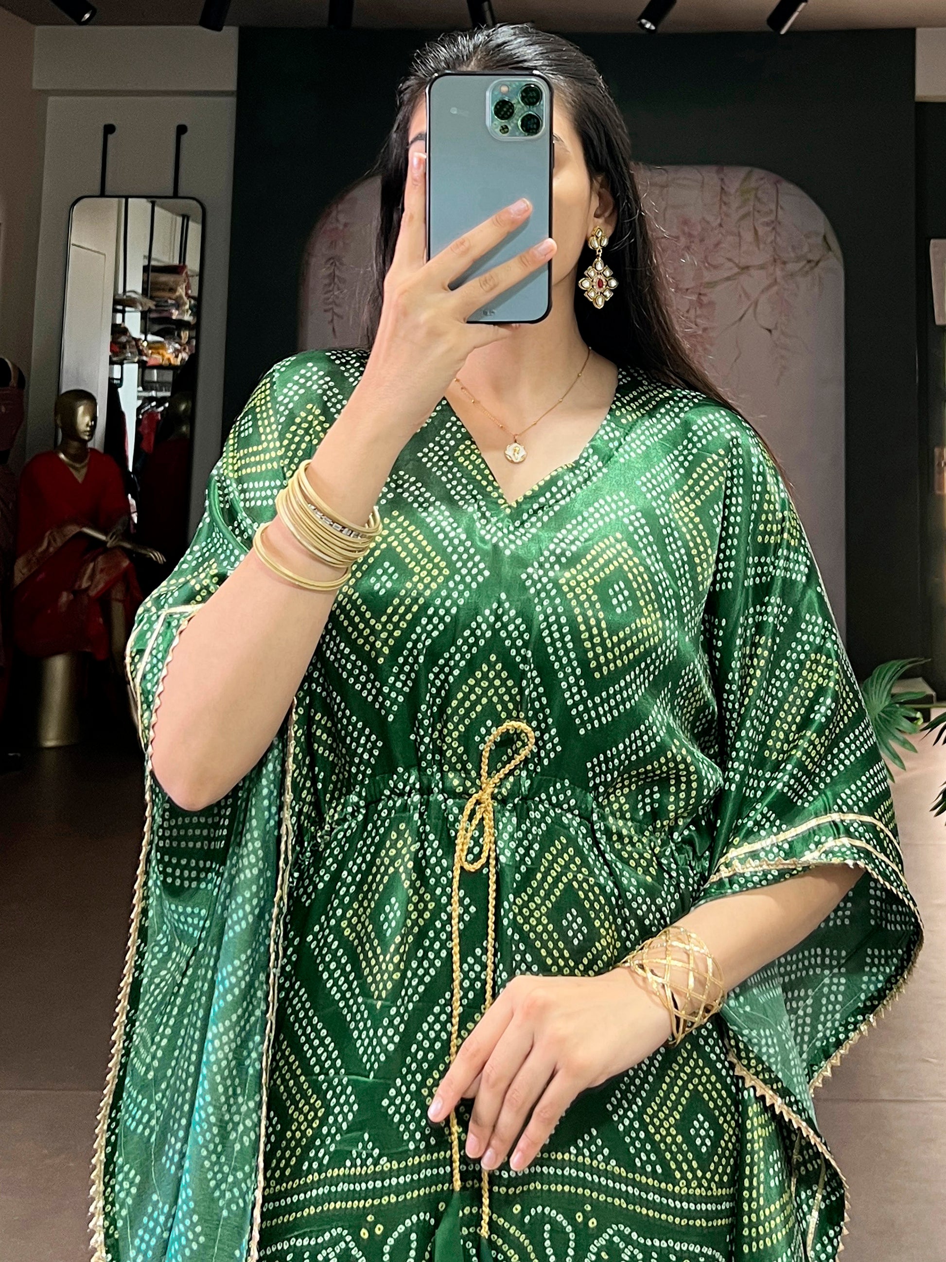 Marvelous Green Digital Printed Gaji Silk Festival Wear Kaftan