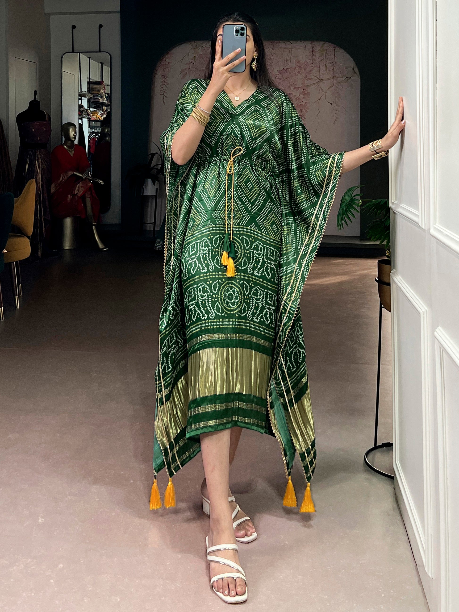 Marvelous Green Digital Printed Gaji Silk Festival Wear Kaftan