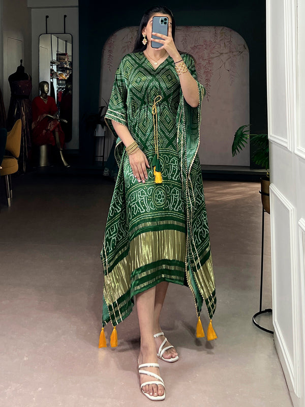 Marvelous Green Digital Printed Gaji Silk Festival Wear Kaftan