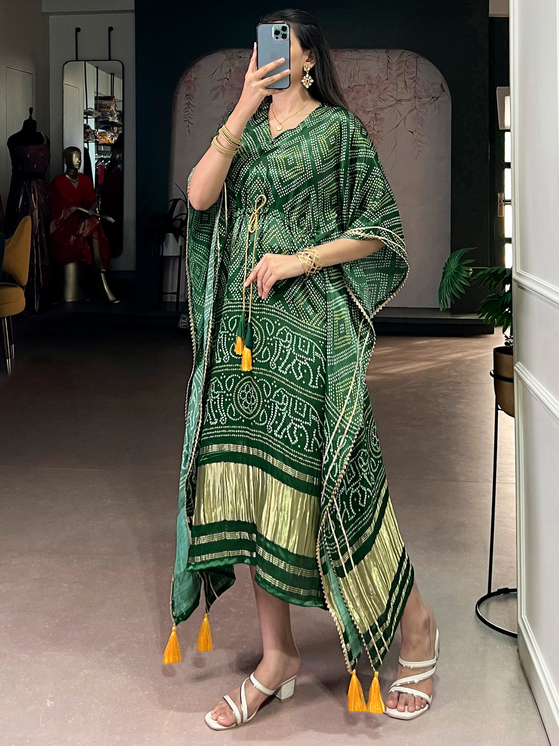 Marvelous Green Digital Printed Gaji Silk Festival Wear Kaftan