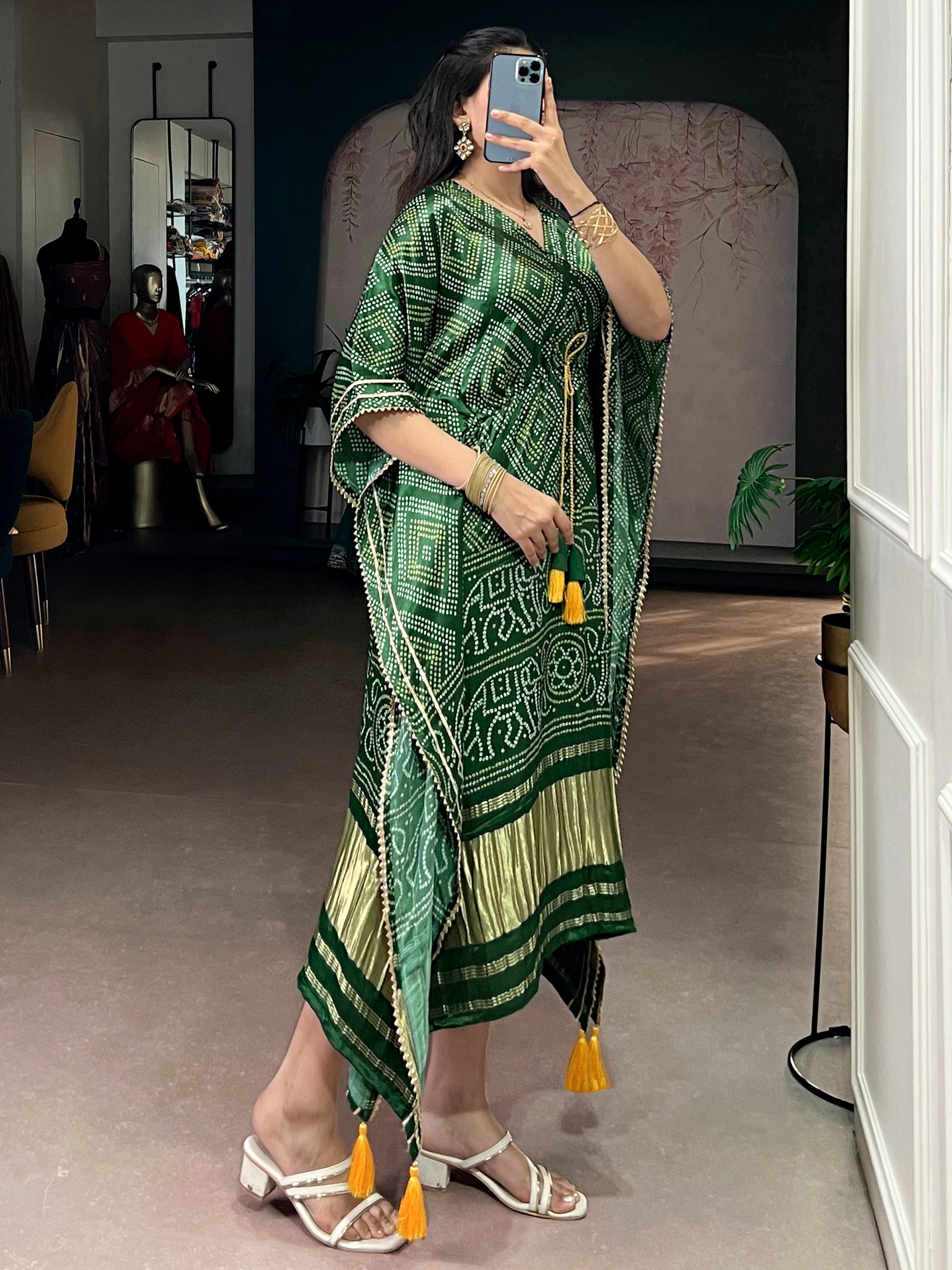 Marvelous Green Digital Printed Gaji Silk Festival Wear Kaftan