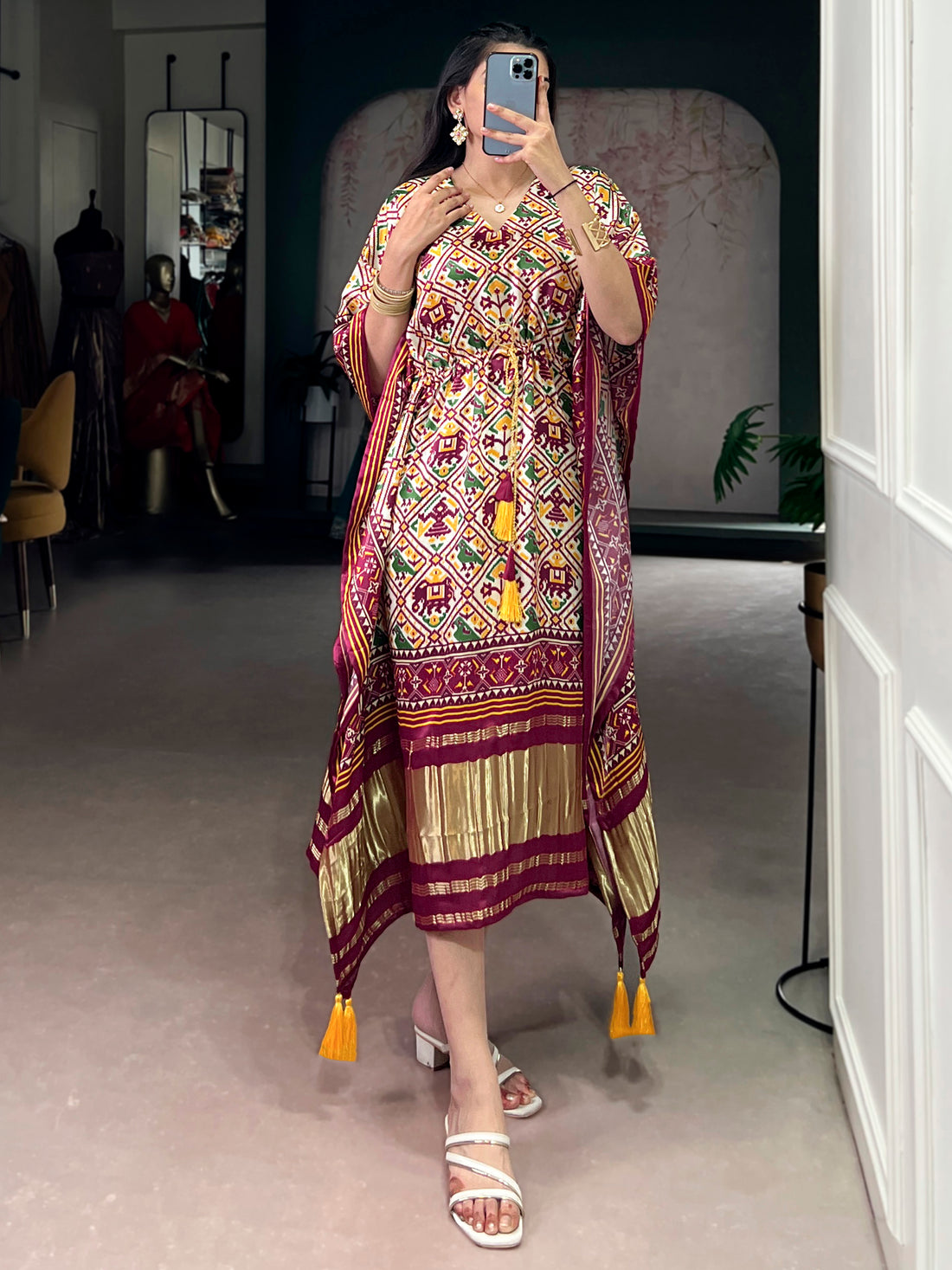 Attractive Maroon Digital Printed Gaji Silk Traditional Kaftan