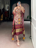 Attractive Maroon Digital Printed Gaji Silk Traditional Kaftan