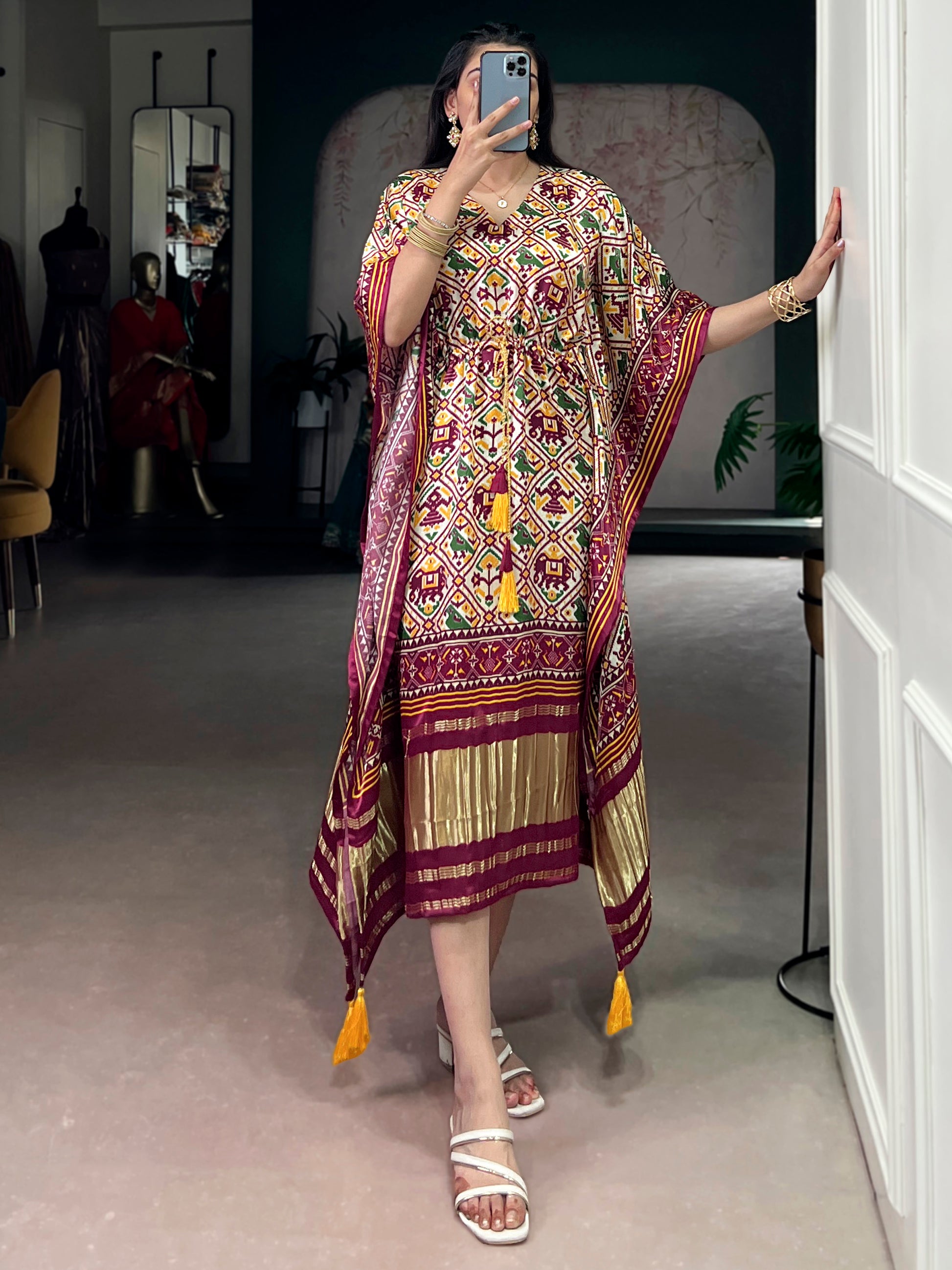 Attractive Maroon Digital Printed Gaji Silk Traditional Kaftan