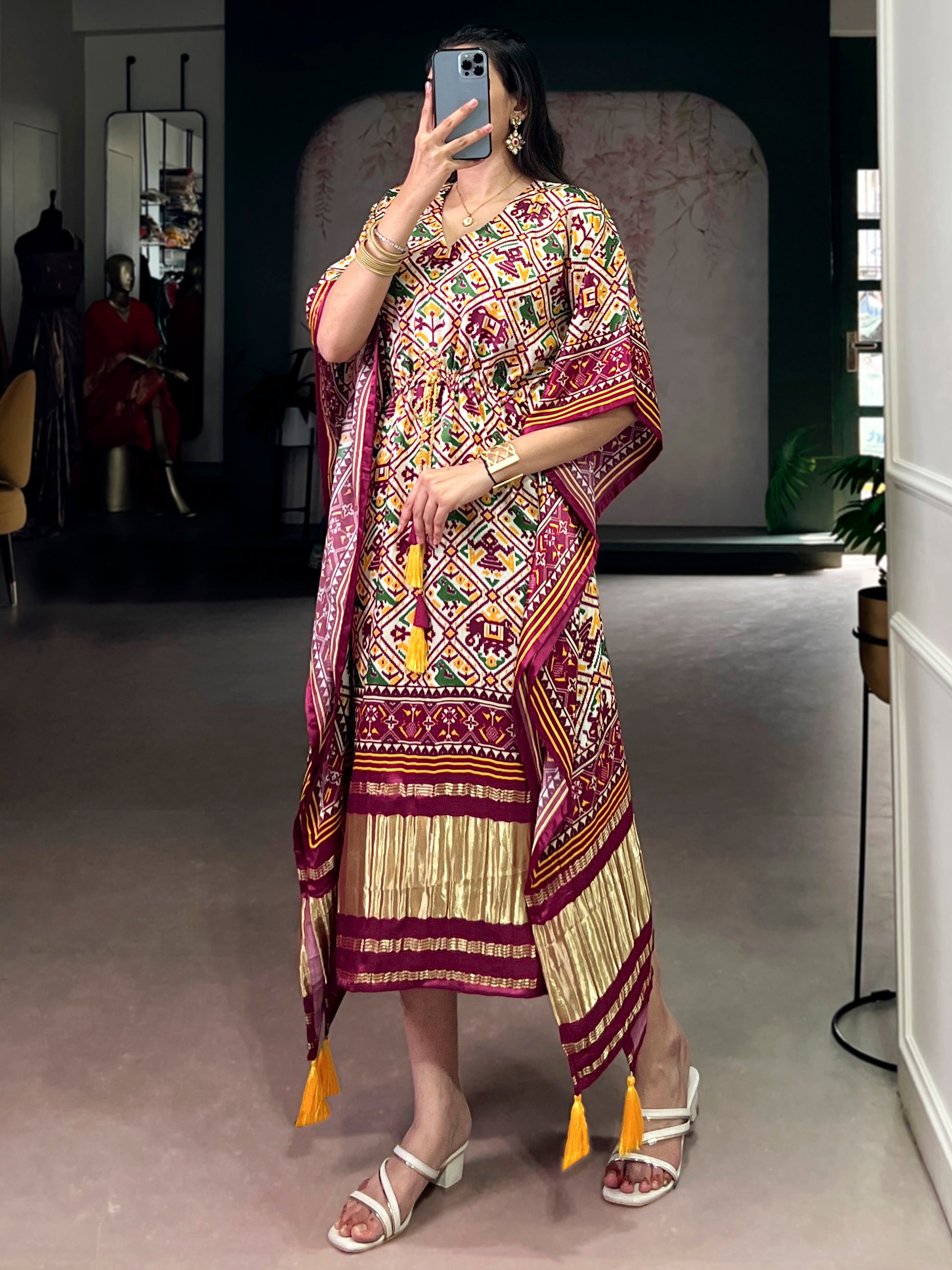 Attractive Maroon Digital Printed Gaji Silk Traditional Kaftan