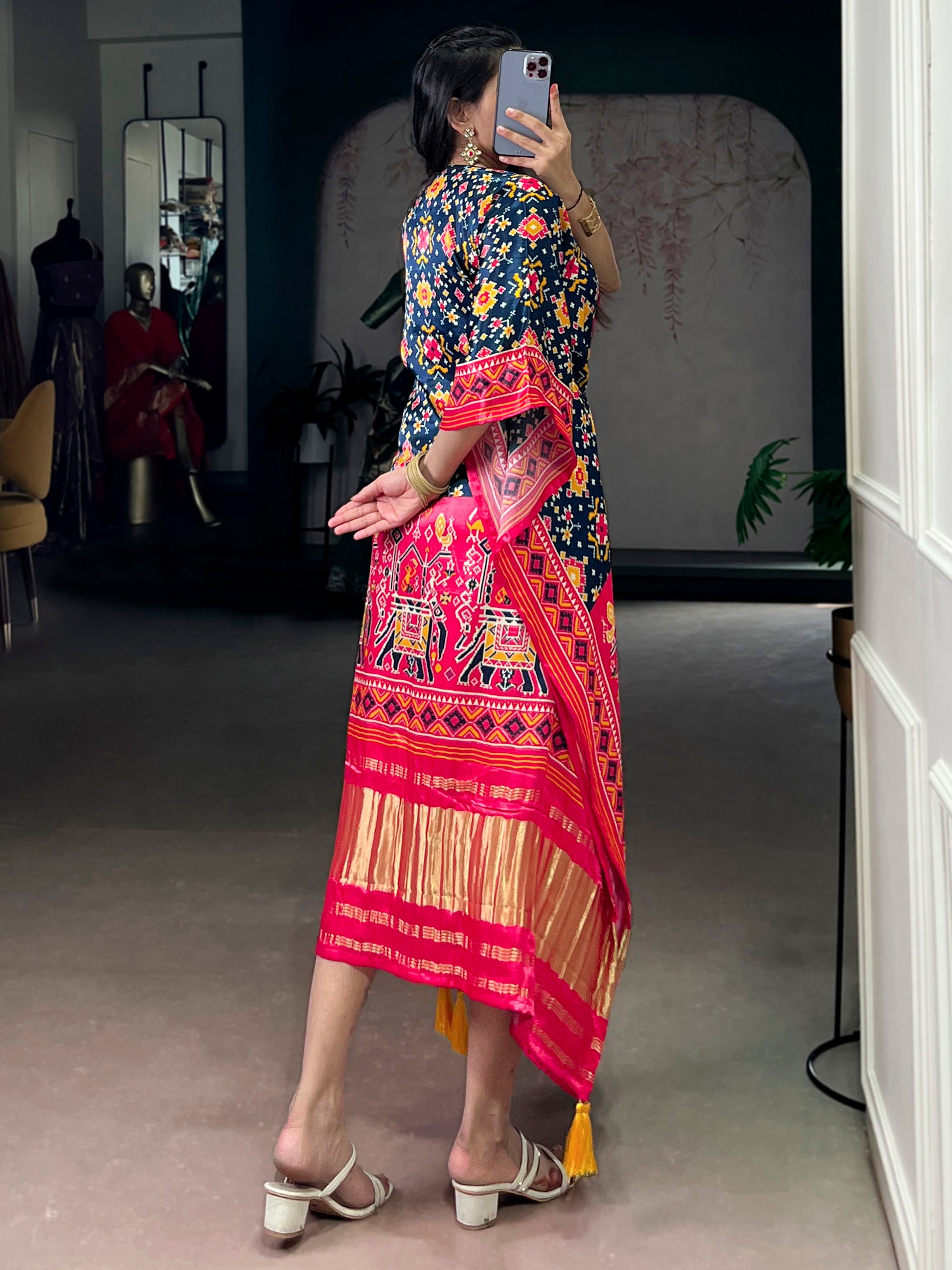 Wonderful Multi-Color Digital Printed Gaji Silk Event Wear Kaftan