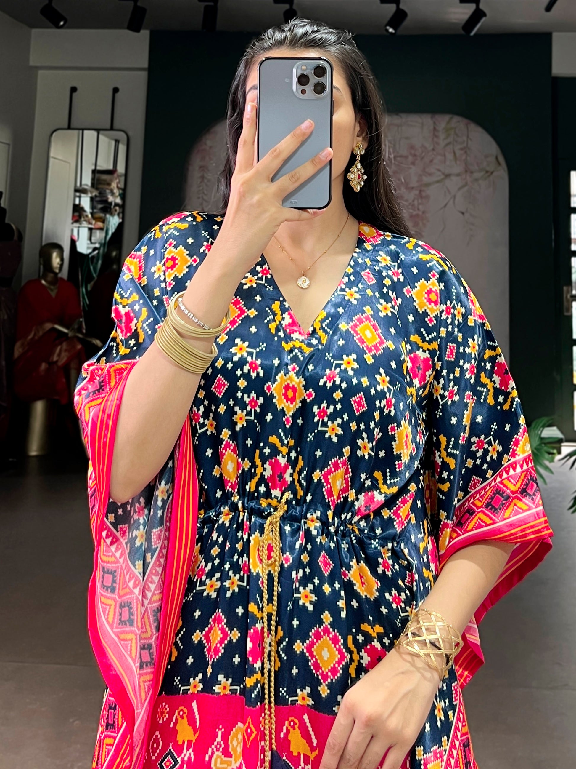 Wonderful Multi-Color Digital Printed Gaji Silk Event Wear Kaftan
