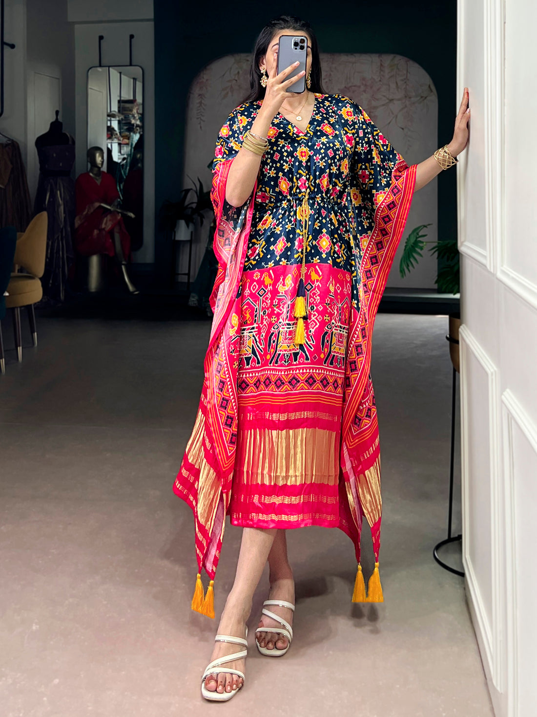 Wonderful Multi-Color Digital Printed Gaji Silk Event Wear Kaftan