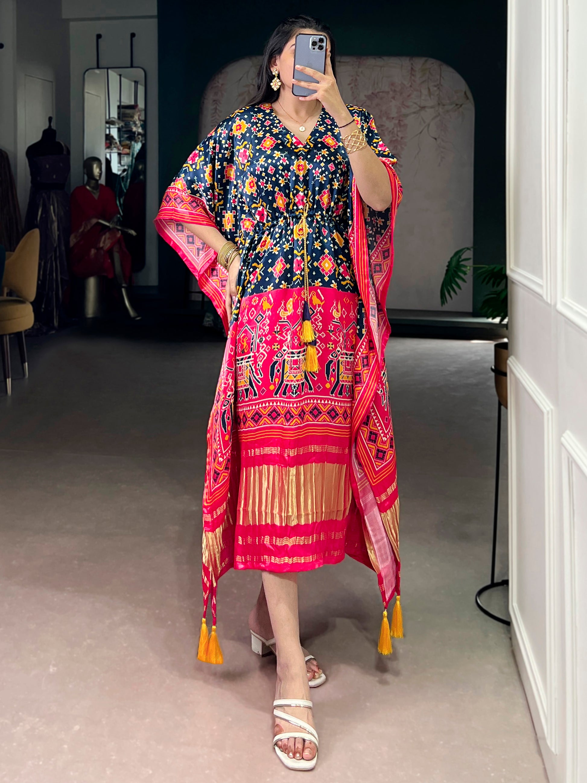 Wonderful Multi-Color Digital Printed Gaji Silk Event Wear Kaftan