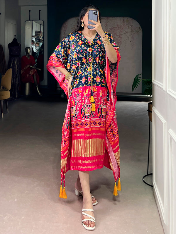 Wonderful Multi-Color Digital Printed Gaji Silk Event Wear Kaftan