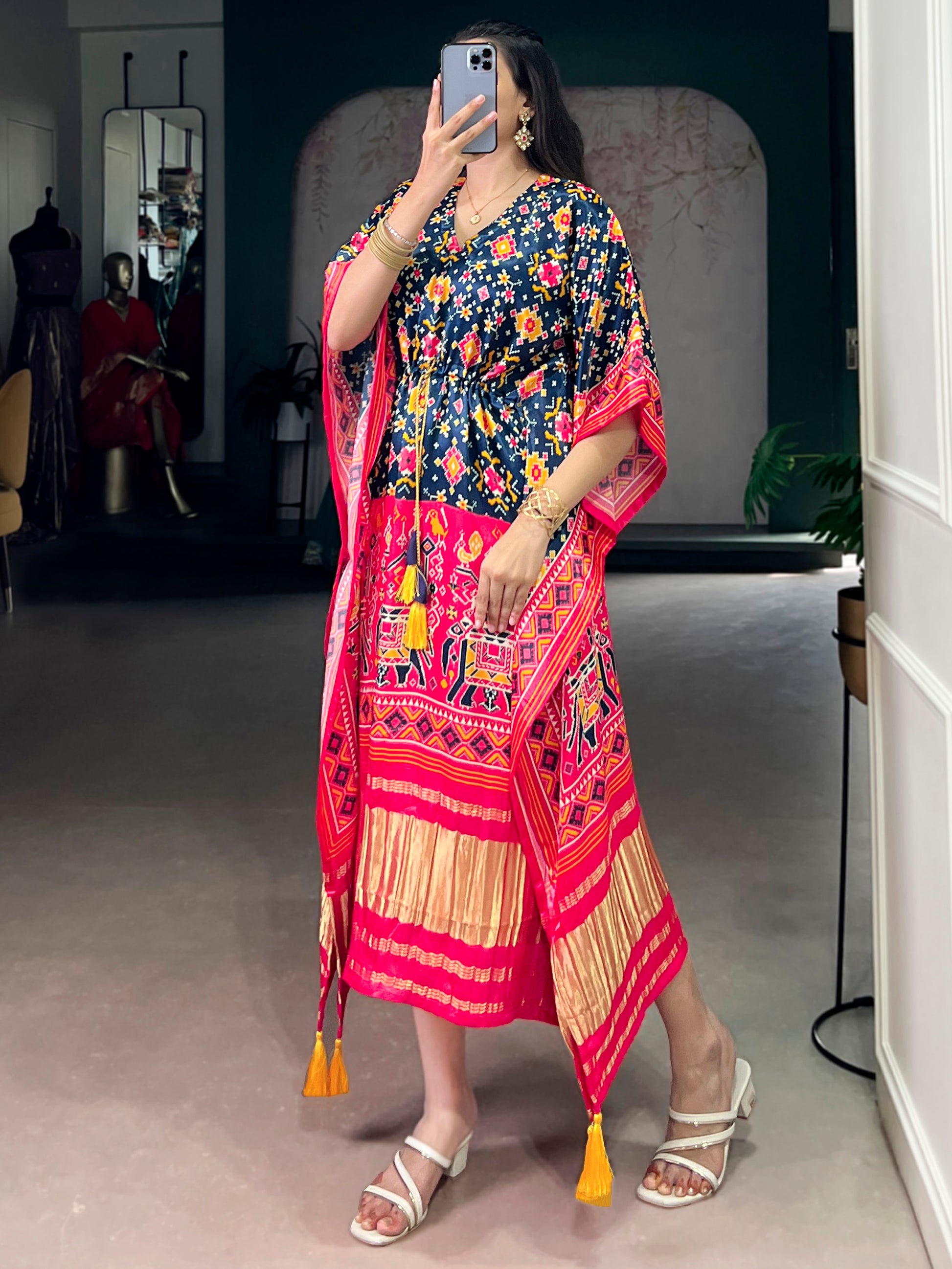 Wonderful Multi-Color Digital Printed Gaji Silk Event Wear Kaftan