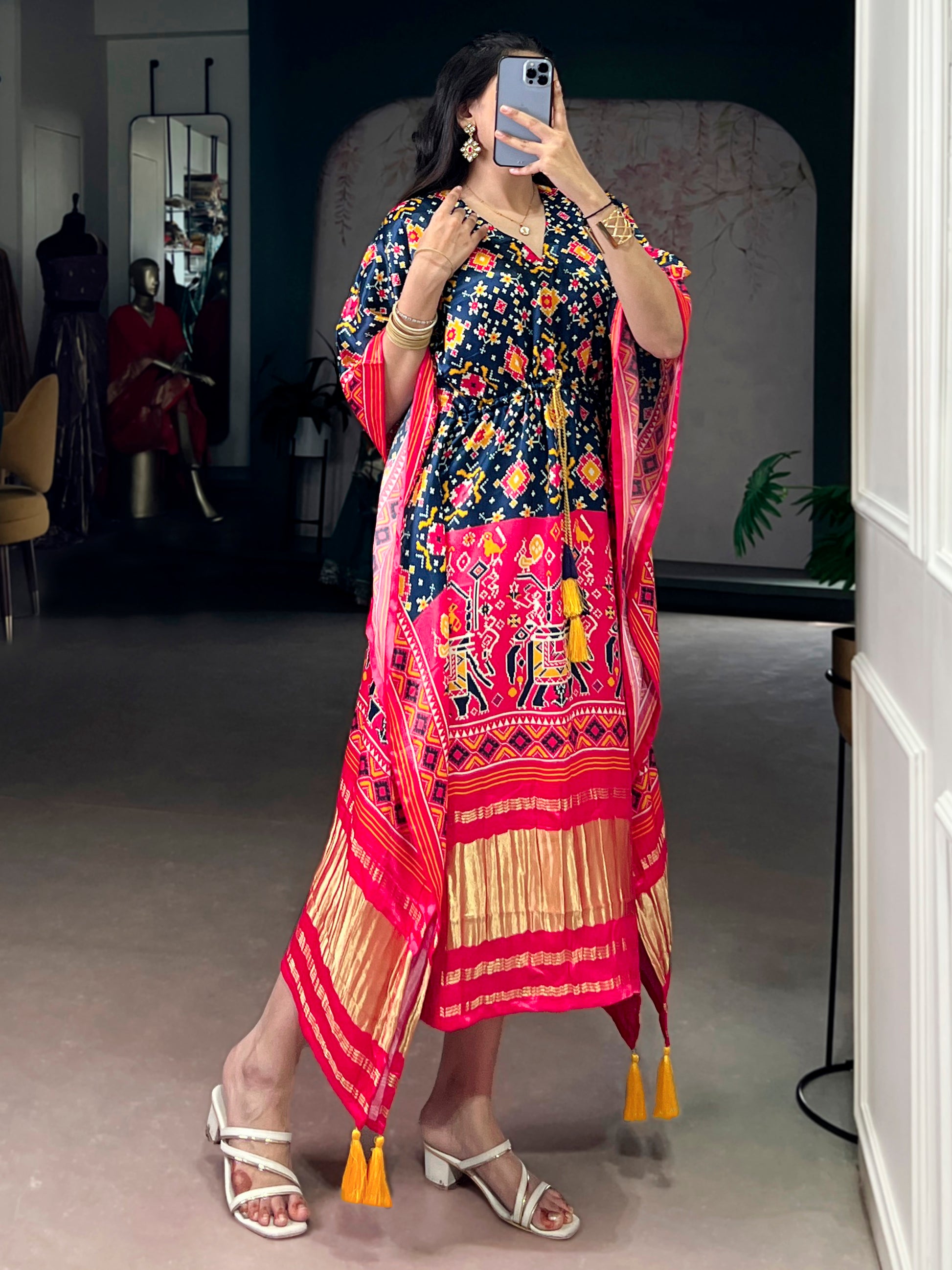Wonderful Multi-Color Digital Printed Gaji Silk Event Wear Kaftan