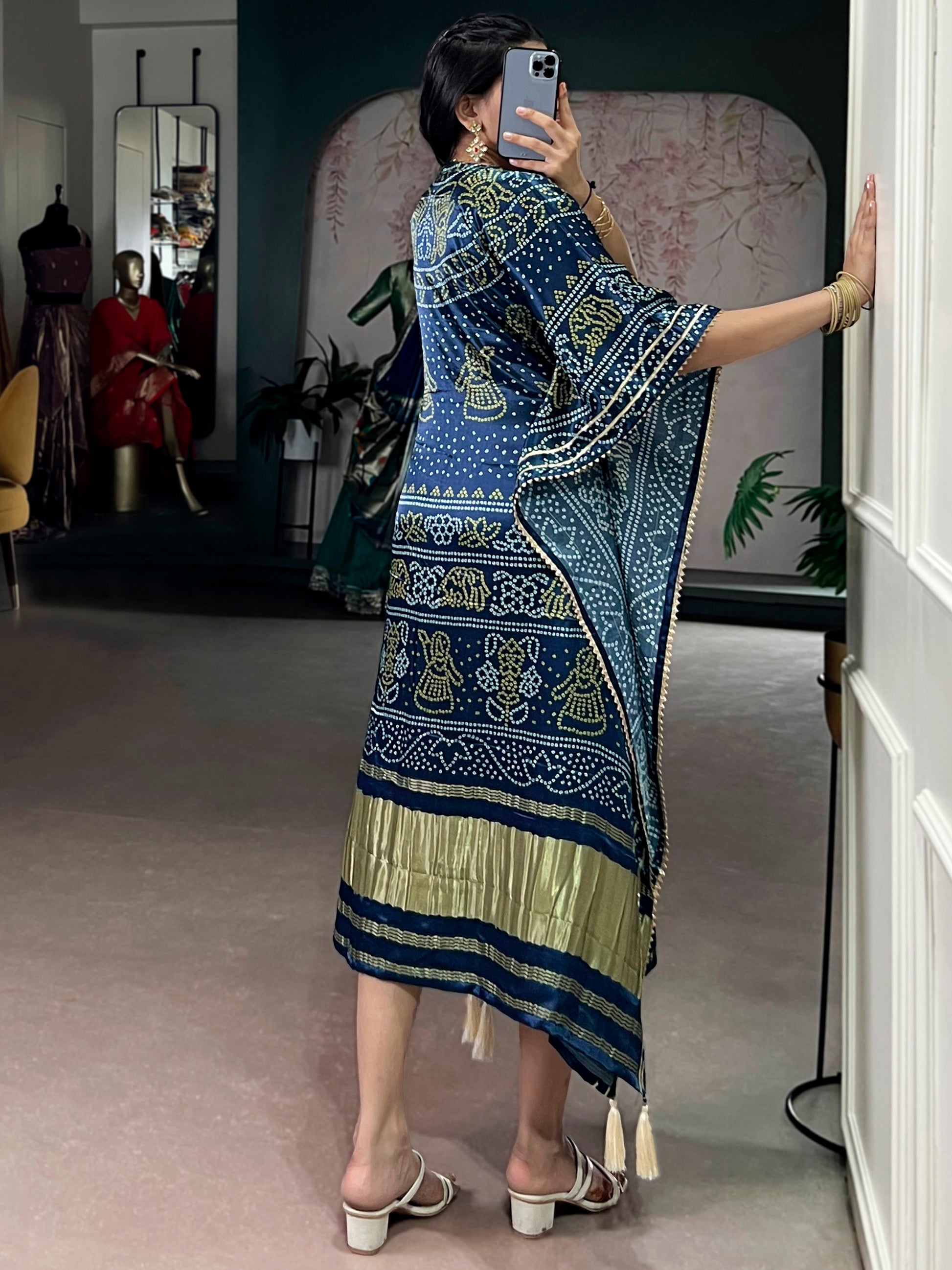 Stunning Navy Blue Digital Printed Gaji Silk Festival Wear Kaftan