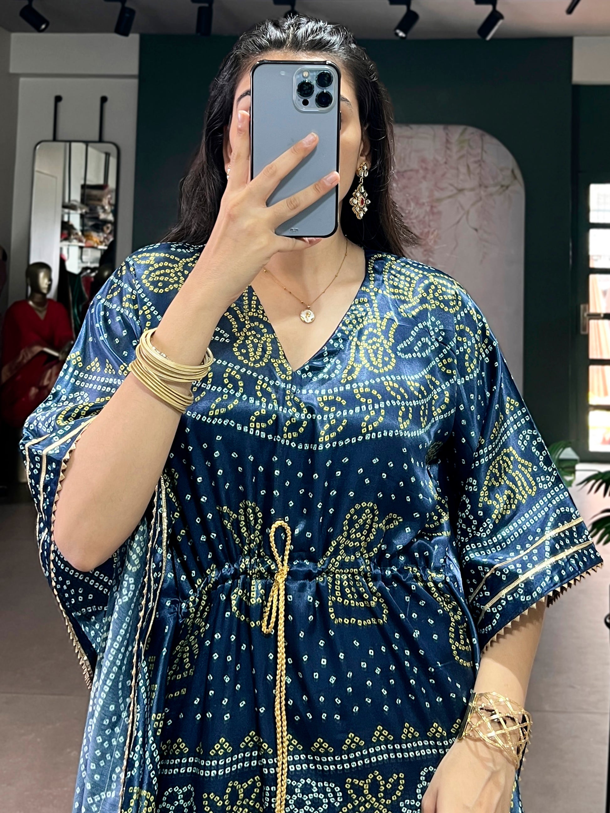 Stunning Navy Blue Digital Printed Gaji Silk Festival Wear Kaftan
