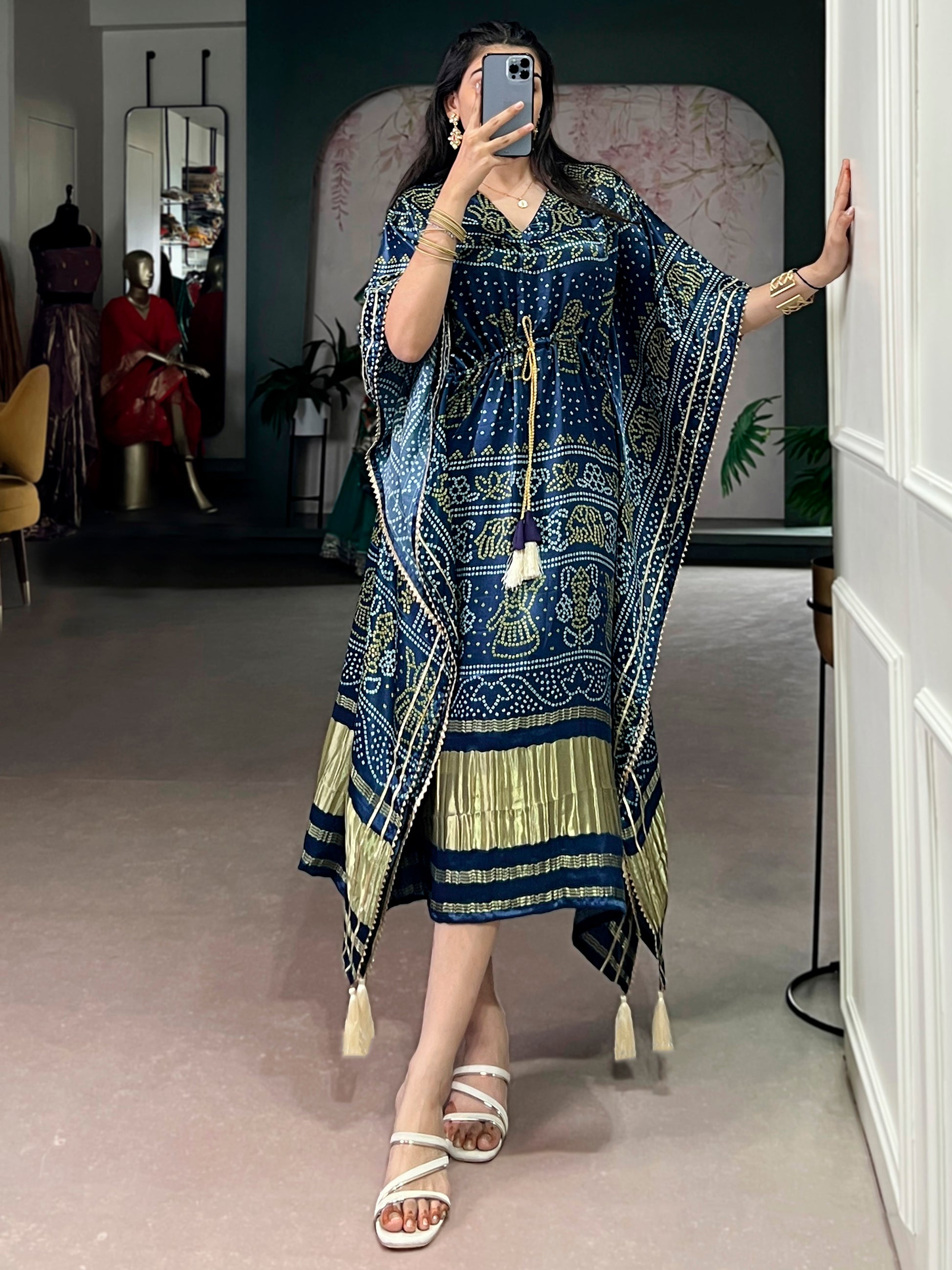 Stunning Navy Blue Digital Printed Gaji Silk Festival Wear Kaftan
