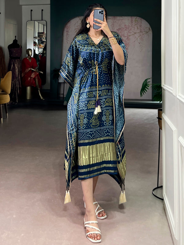 Stunning Navy Blue Digital Printed Gaji Silk Festival Wear Kaftan