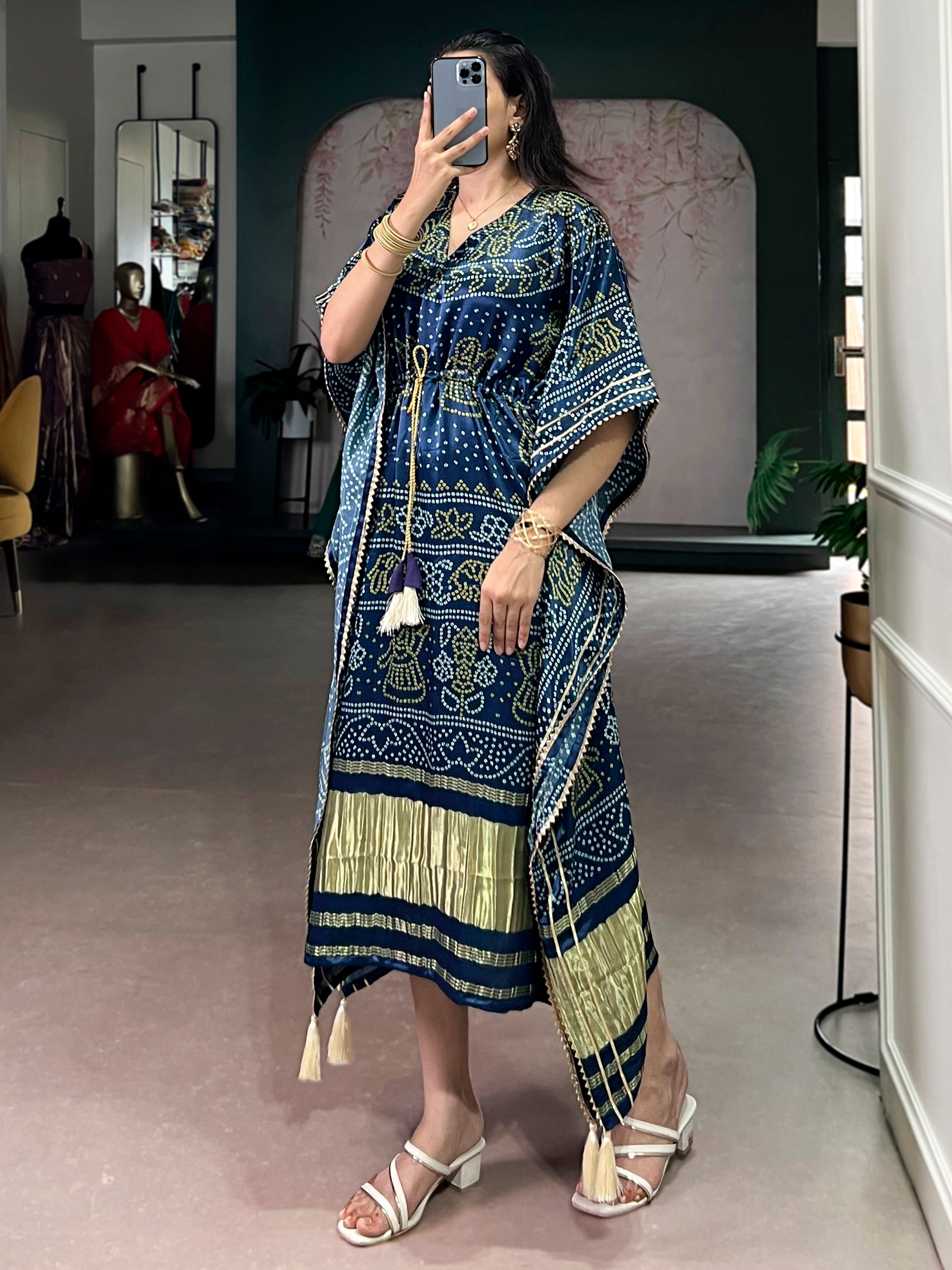 Stunning Navy Blue Digital Printed Gaji Silk Festival Wear Kaftan