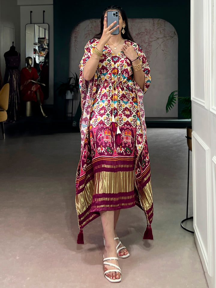 Sparkling White Digital Printed Gaji Silk Traditional Kaftan