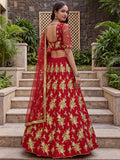 Awesome Maroon Dori Embroidered Net Wedding Lehenga Choli With Dupatta