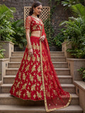 Awesome Maroon Dori Embroidered Net Wedding Lehenga Choli With Dupatta