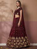 Awesome Maroon Thread Work Velvet Bridal Lehenga Choli With Dupatta