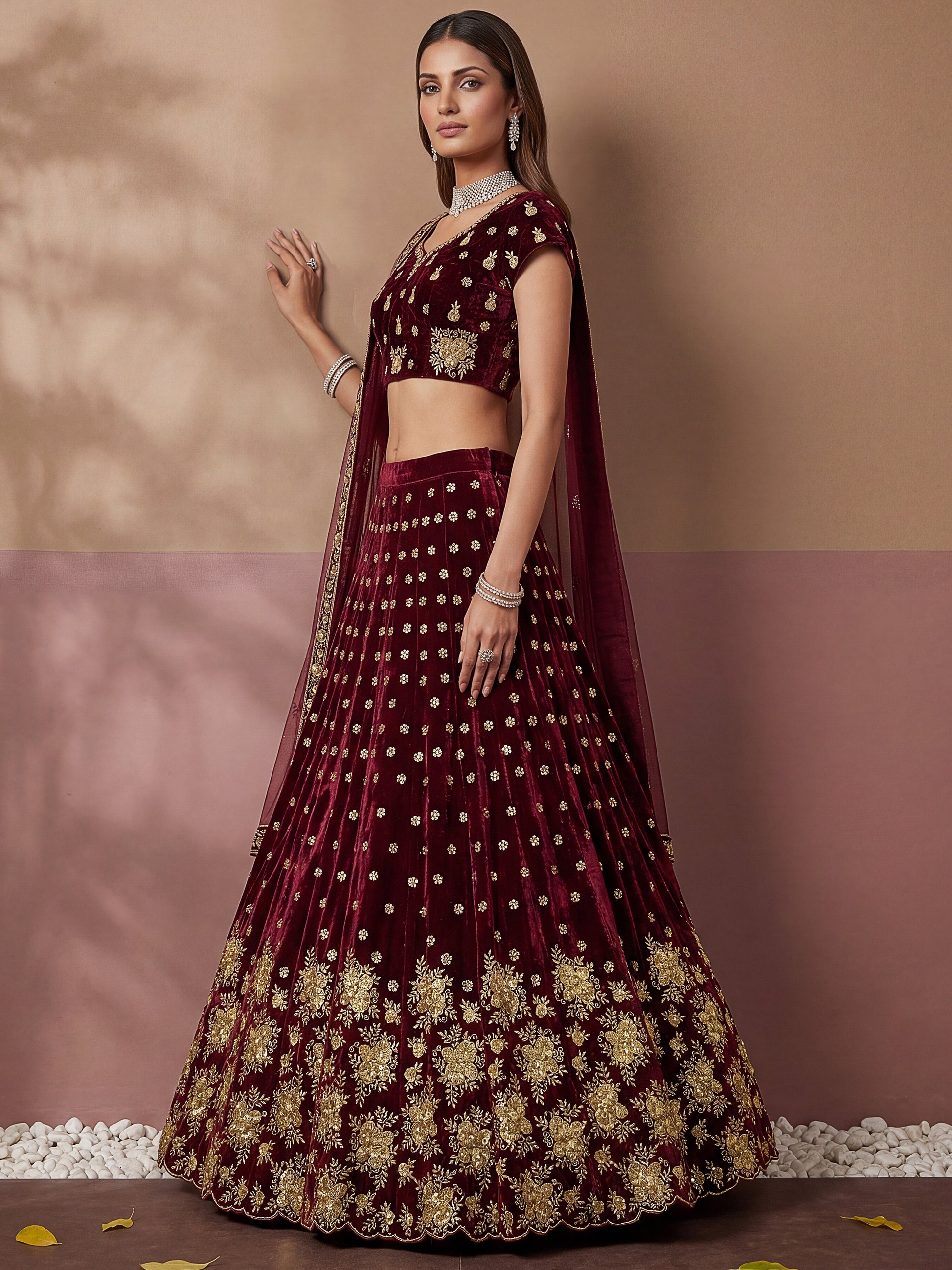 Awesome Maroon Thread Work Velvet Bridal Lehenga Choli With Dupatta