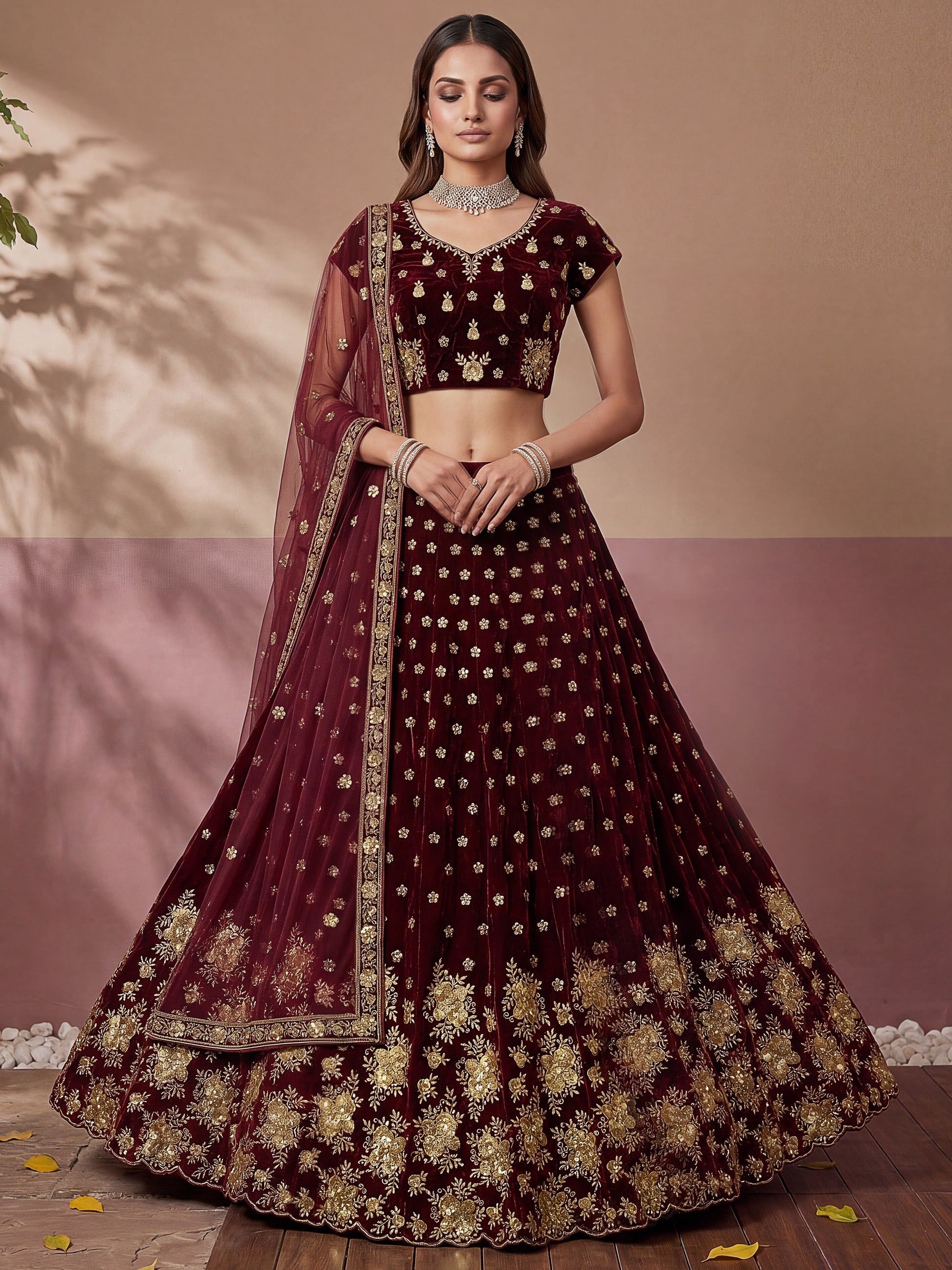 Awesome Maroon Thread Work Velvet Bridal Lehenga Choli With Dupatta