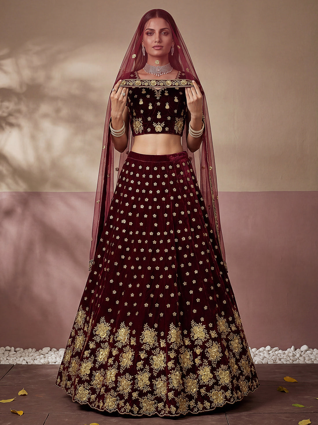 Awesome Maroon Thread Work Velvet Bridal Lehenga Choli With Dupatta
