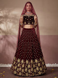 Awesome Maroon Thread Work Velvet Bridal Lehenga Choli With Dupatta
