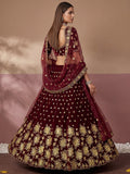 Awesome Maroon Thread Work Velvet Bridal Lehenga Choli With Dupatta