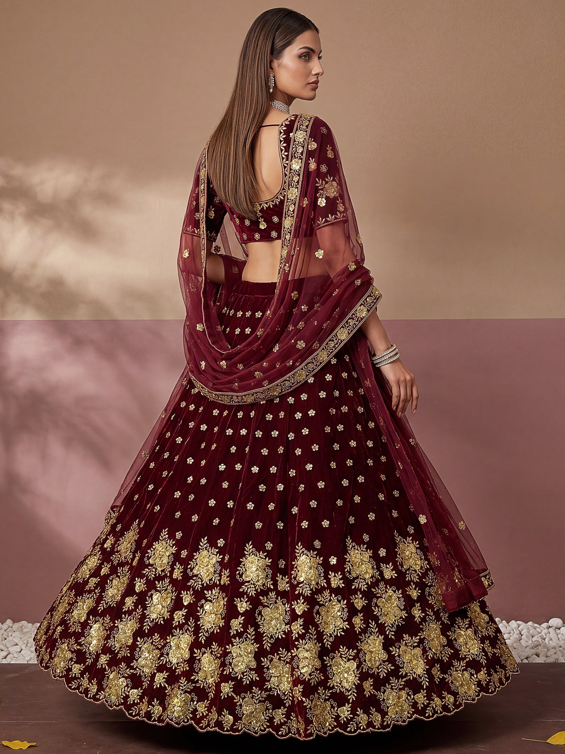Awesome Maroon Thread Work Velvet Bridal Lehenga Choli With Dupatta