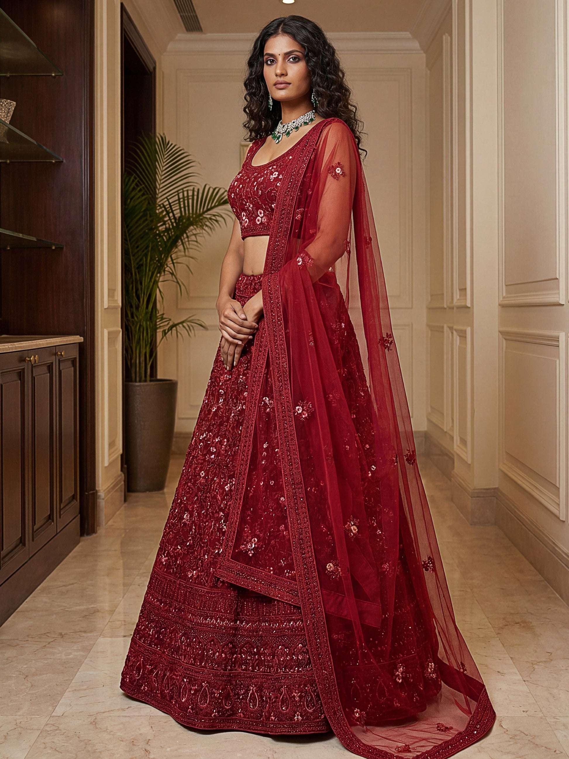 Lovely Red Dori Embroidery Net Bridal Lehenga Choli With Dupatta