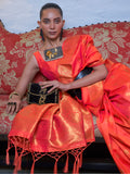 Charming Orange Zari Weaving Silk Event Wear Saree With Blouse