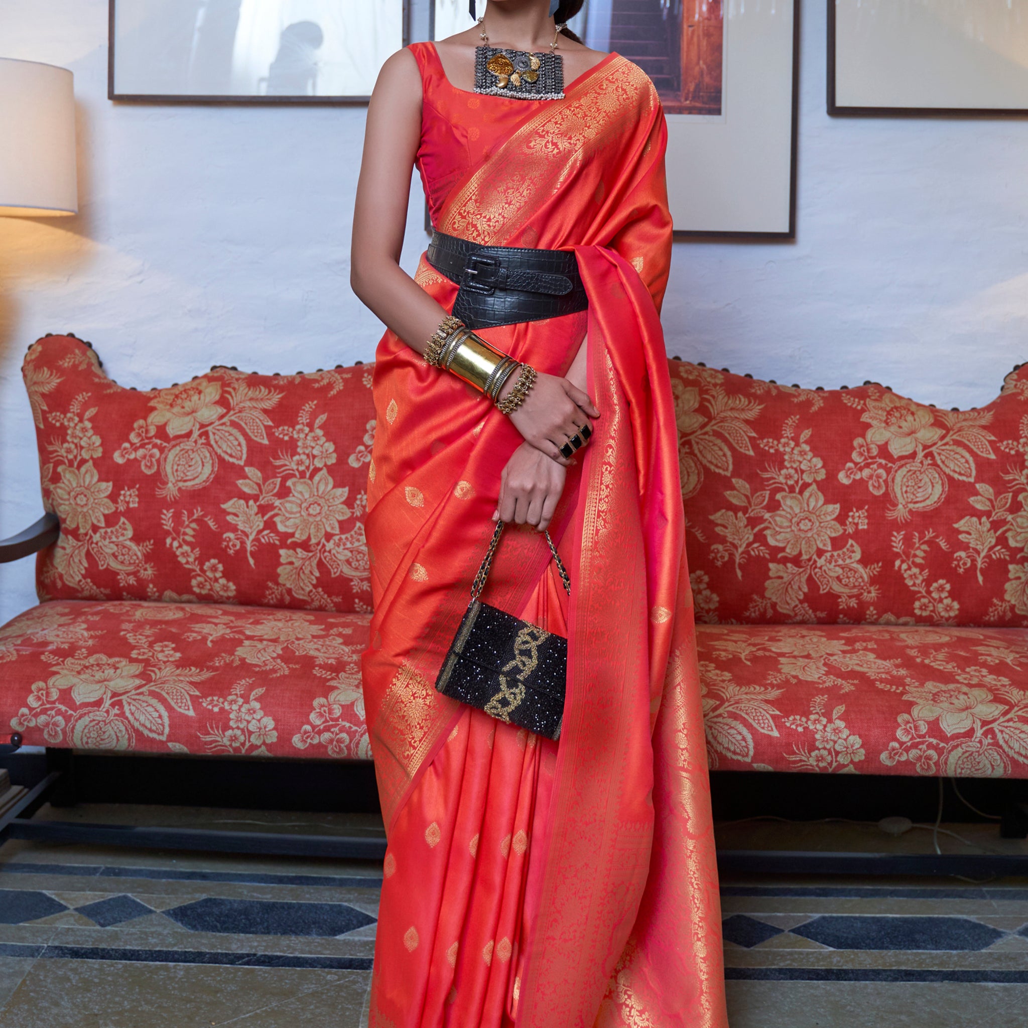 Charming Orange Zari Weaving Silk Event Wear Saree With Blouse