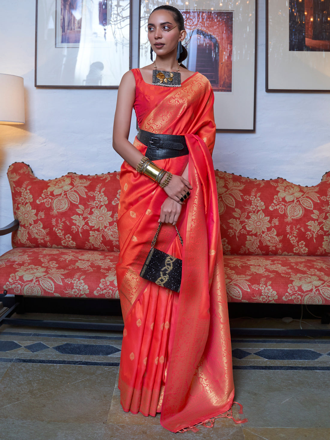 Charming Orange Zari Weaving Silk Event Wear Saree With Blouse