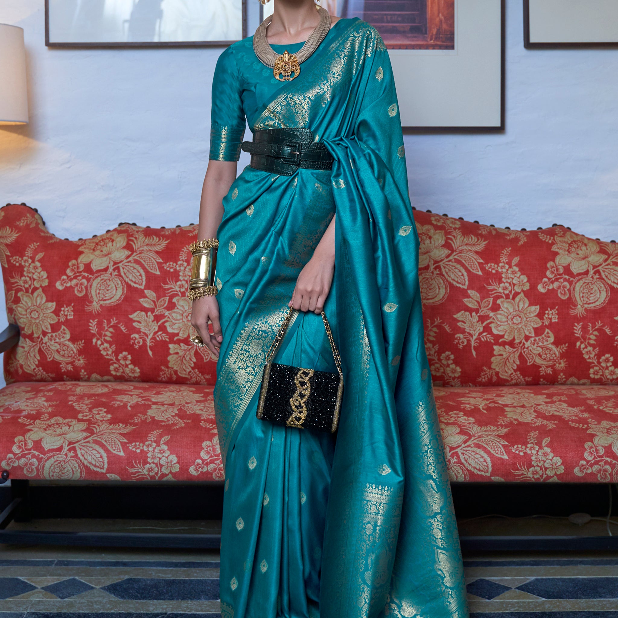 Precious Teal Blue Zari Weaving Silk Traditional Saree With Blouse