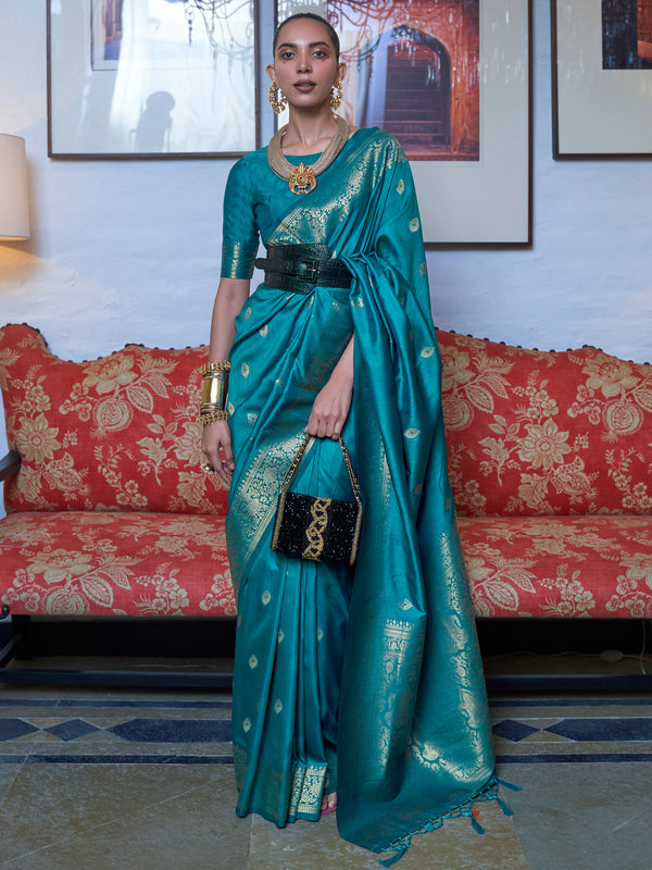 Precious Teal Blue Zari Weaving Silk Traditional Saree With Blouse