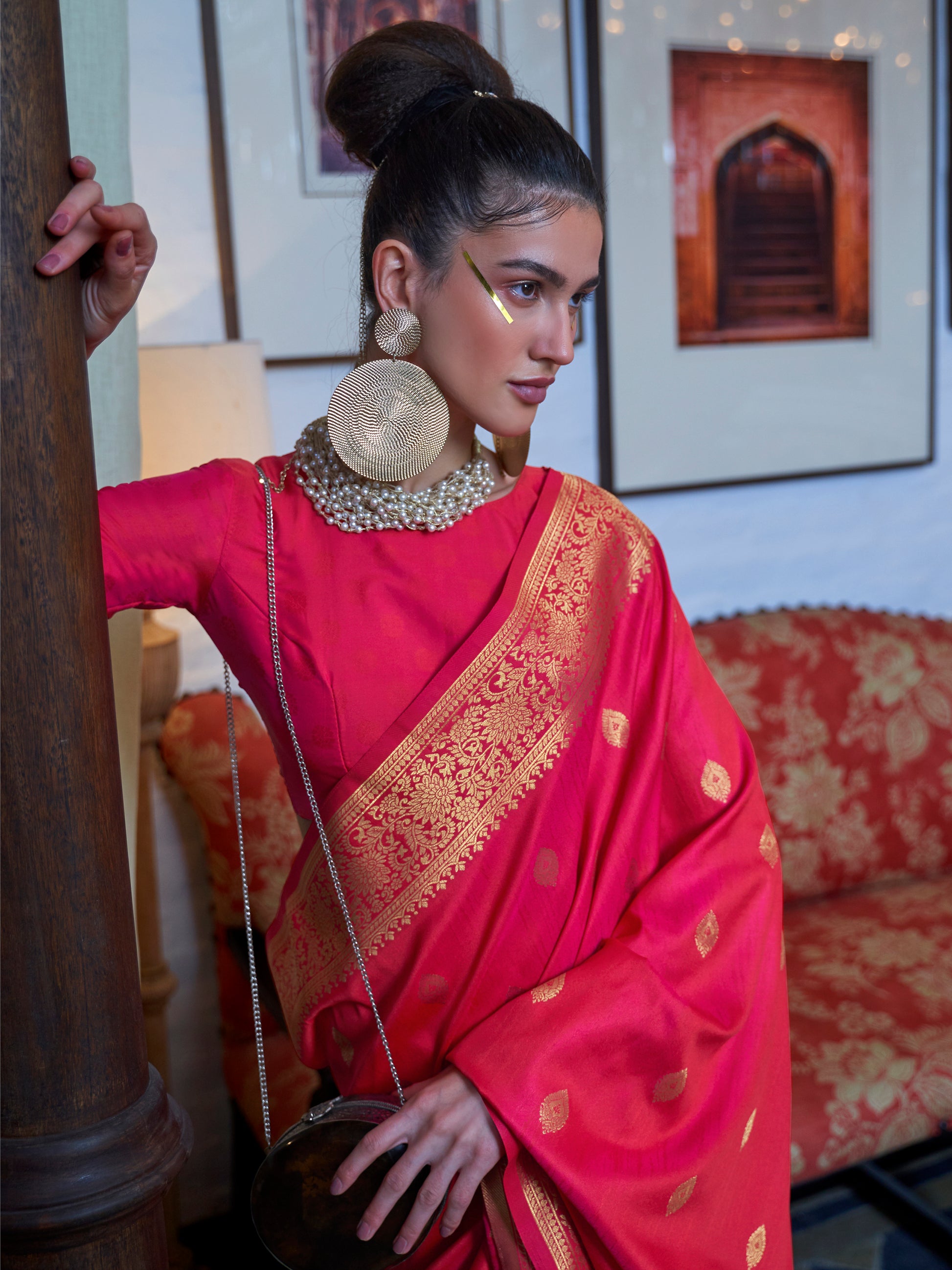 Beautiful Coral Red Zari Weaving Silk Event Wear Saree With Blouse