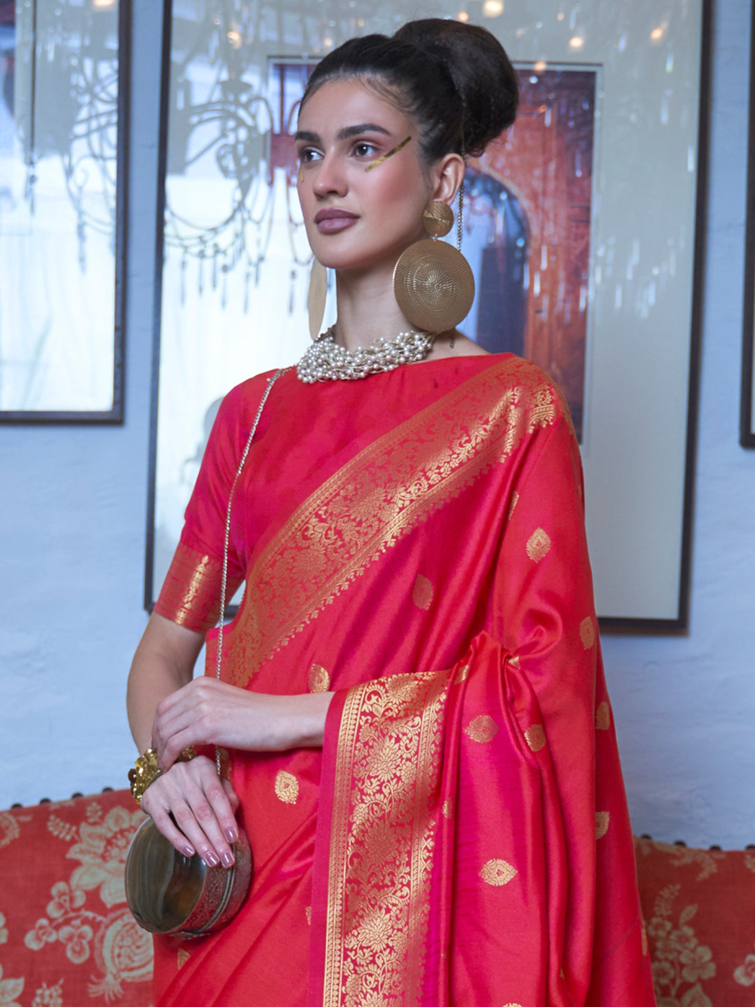 Beautiful Coral Red Zari Weaving Silk Event Wear Saree With Blouse